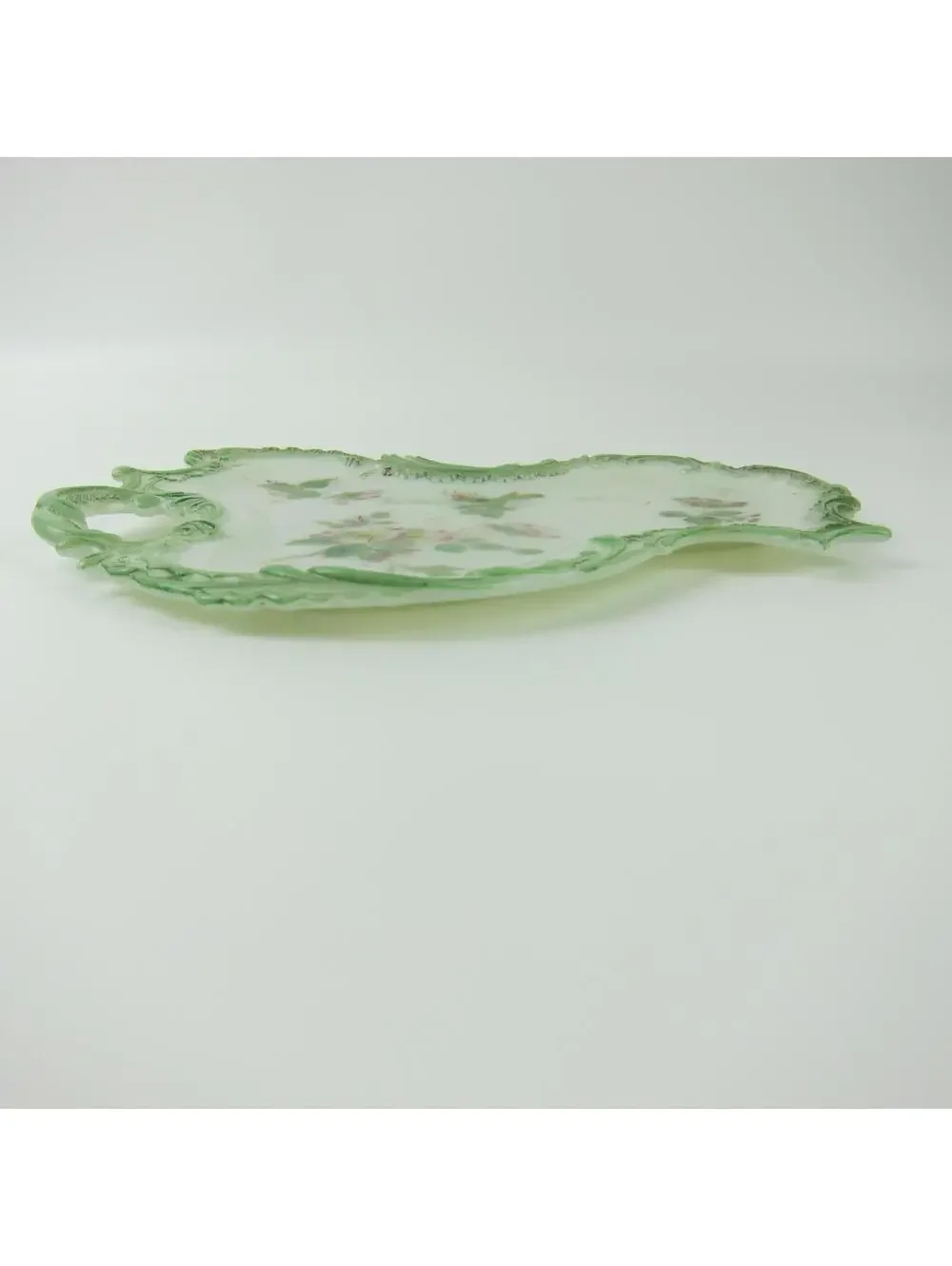 Vintage Milk Glass Vanity Tray / Candy Dish Green & Pink Flowers Open Handle
